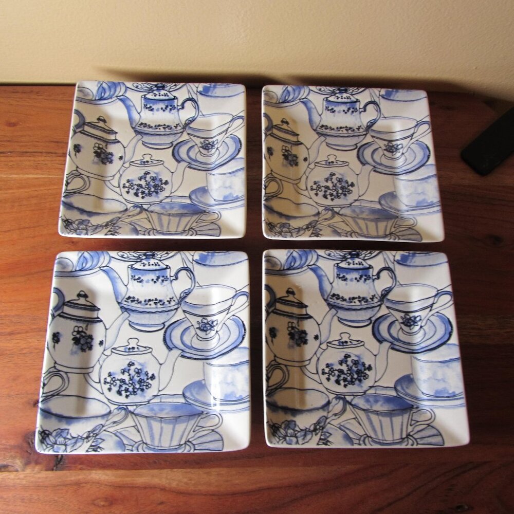 222 fifth teapot tea party square appetizer plates - set of 4 (W6439)